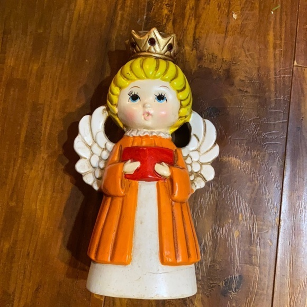 Vintage 1960s ARDCO Japan Angel Candle Holder Orange Jeweled Crown 7.5"